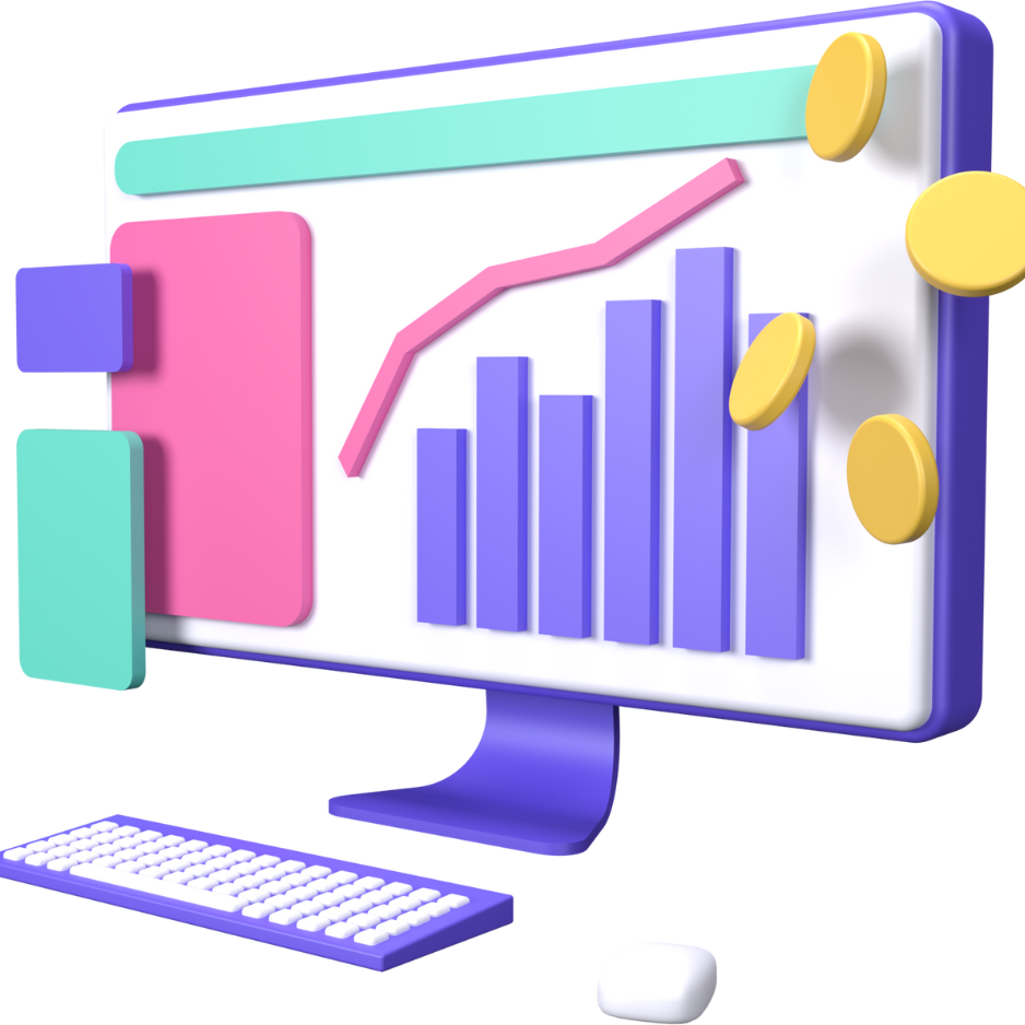 computer monitor displaying a bar chart with coins, symbolizing financial data analysis