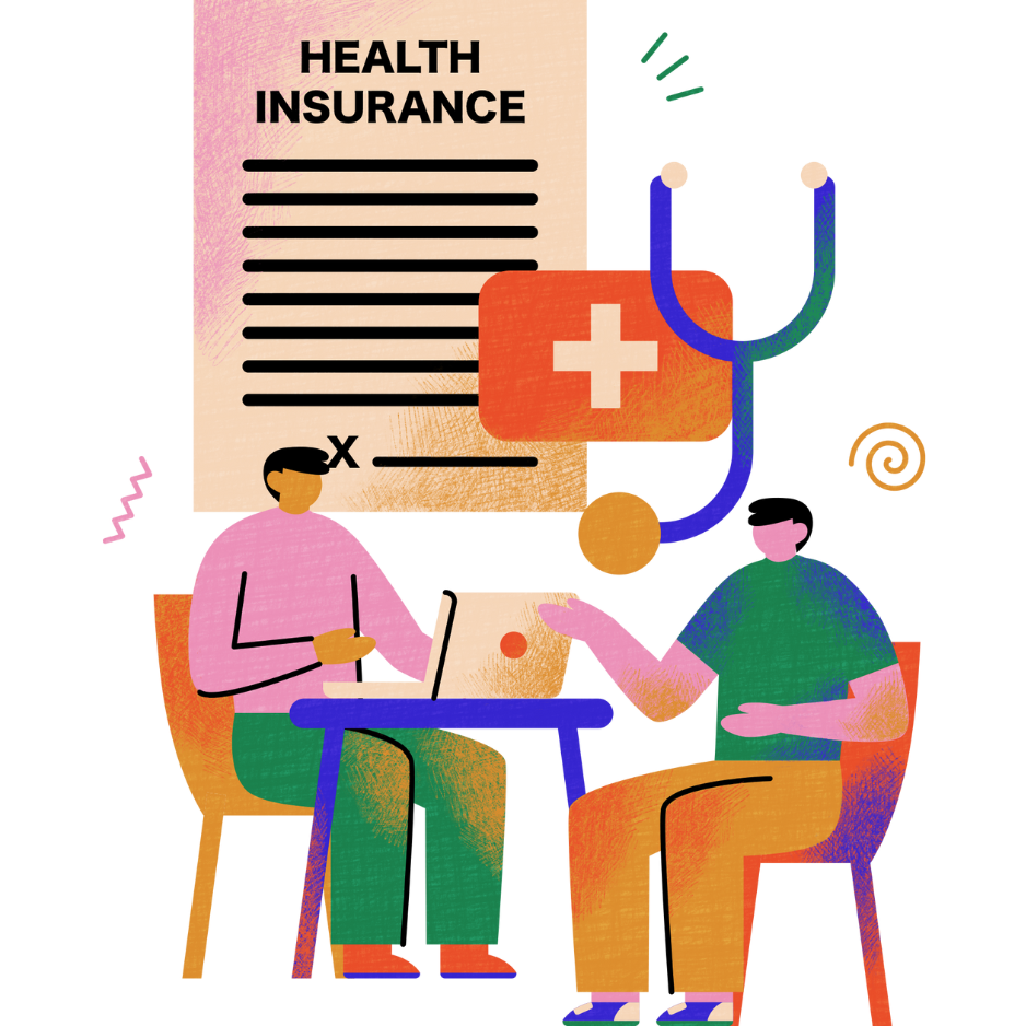 Health insurance concept with a group of people of different ethnicities and a heart symbol