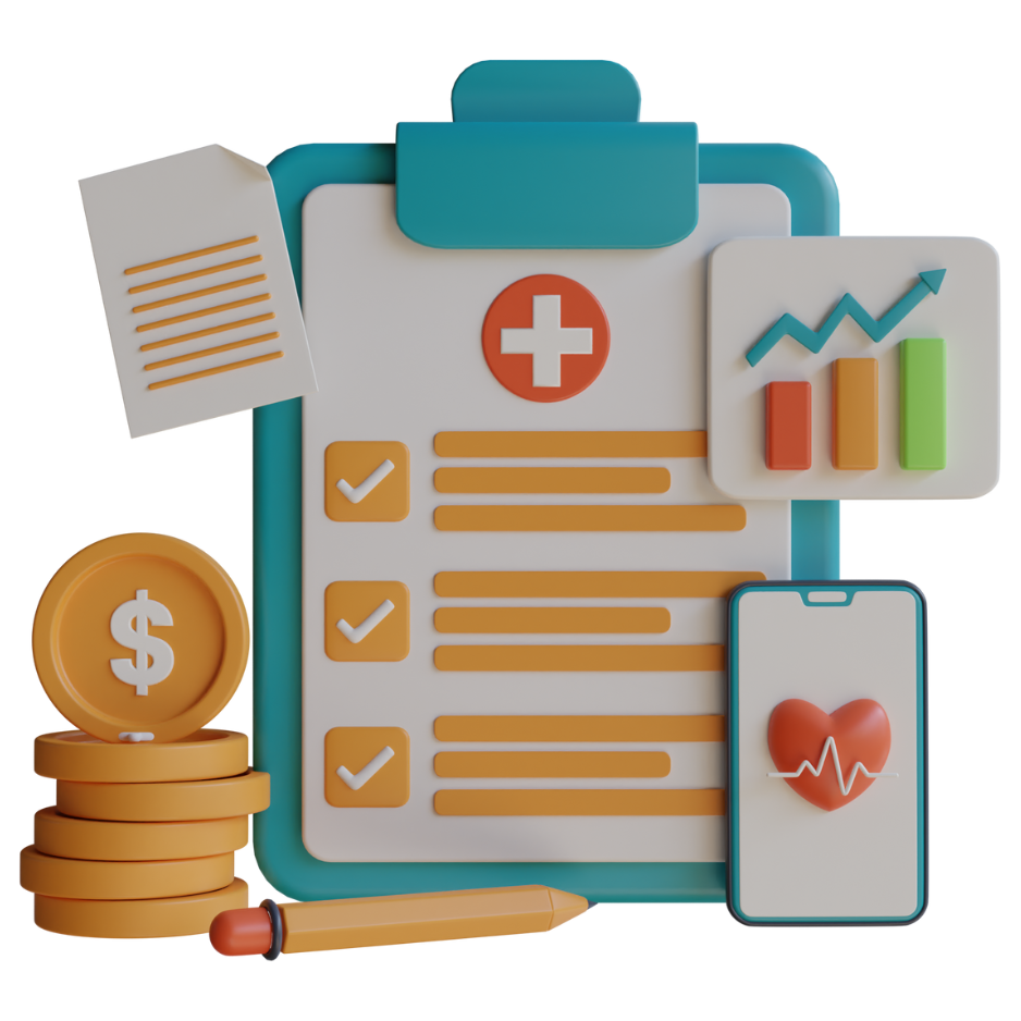 3D medical checklist with checkboxes and pen