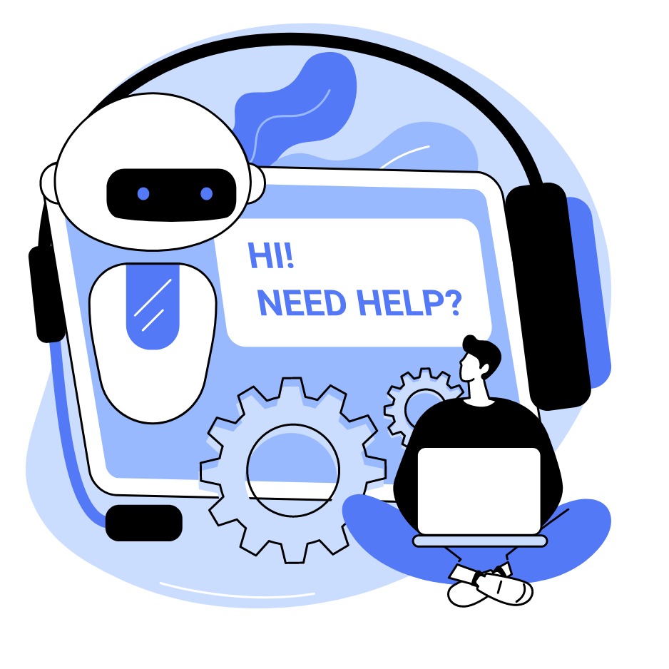 AI robot at a desk with a computer and a sign asking "hi need help?