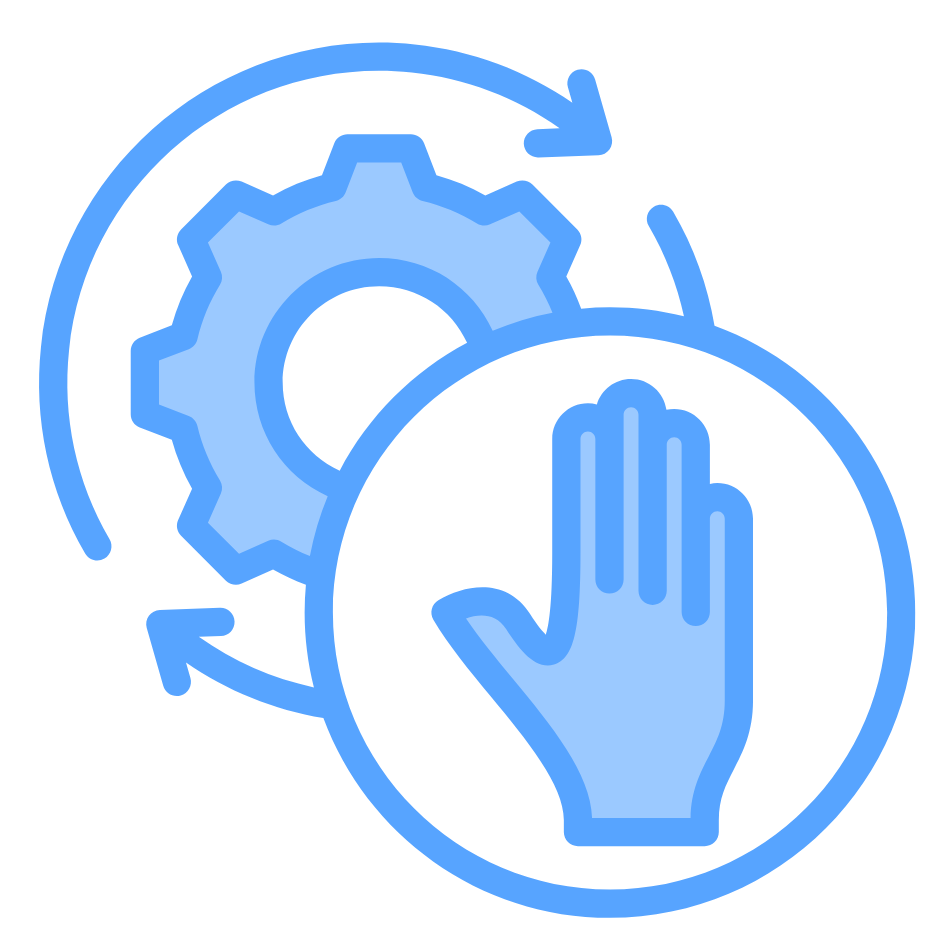 hand holding a gearwheel and a stop sign