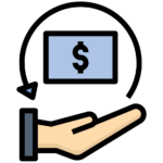 Two hands, one holding a dollar sign and the other holding a money box