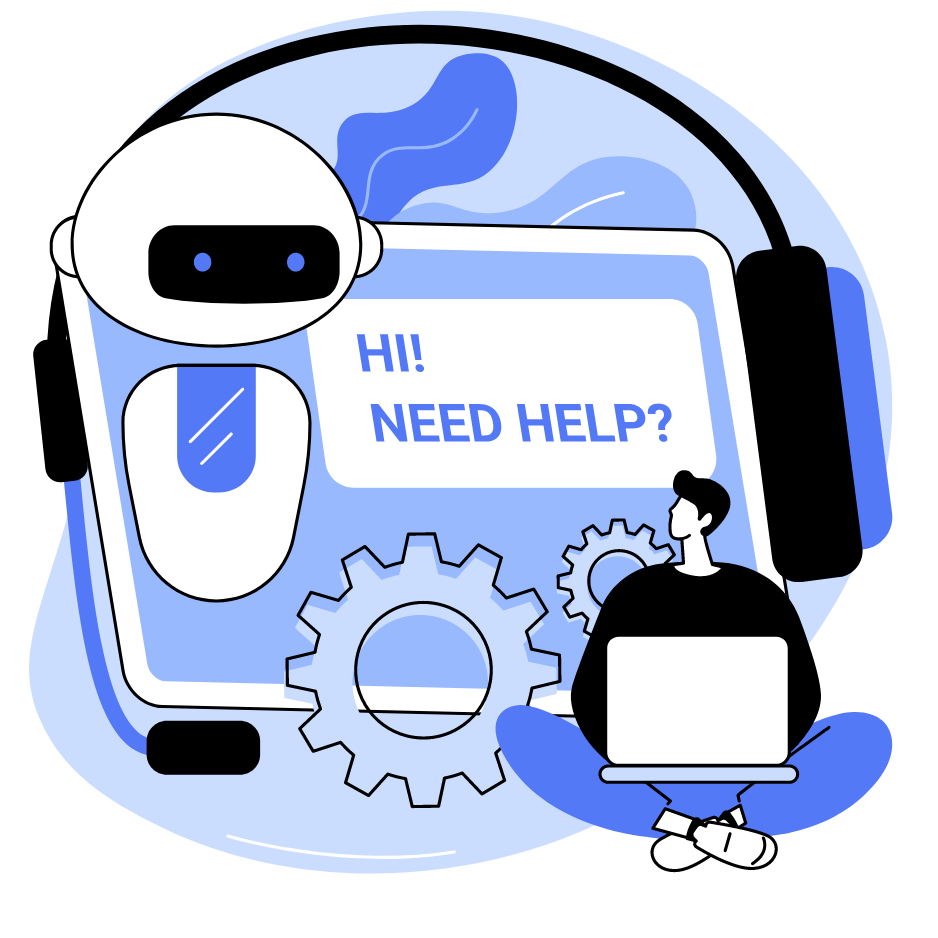 robot sitting in front of a computer with a sign saying "Hi, need help?
