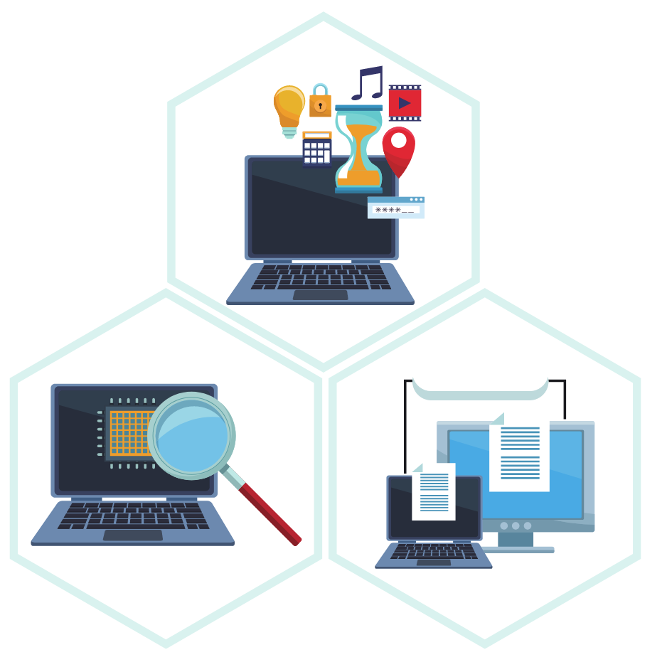 Three hexagons with computer, clock, and magnifying glass icons