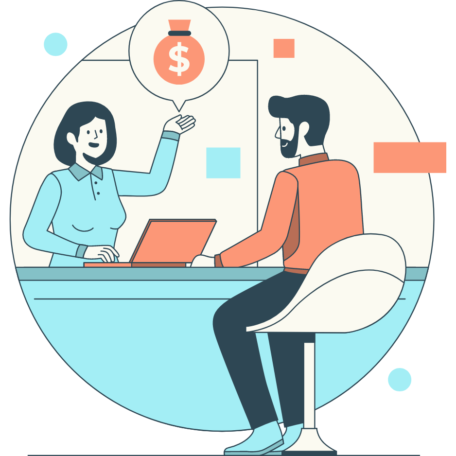 man and woman sitting at a desk with a money bag
