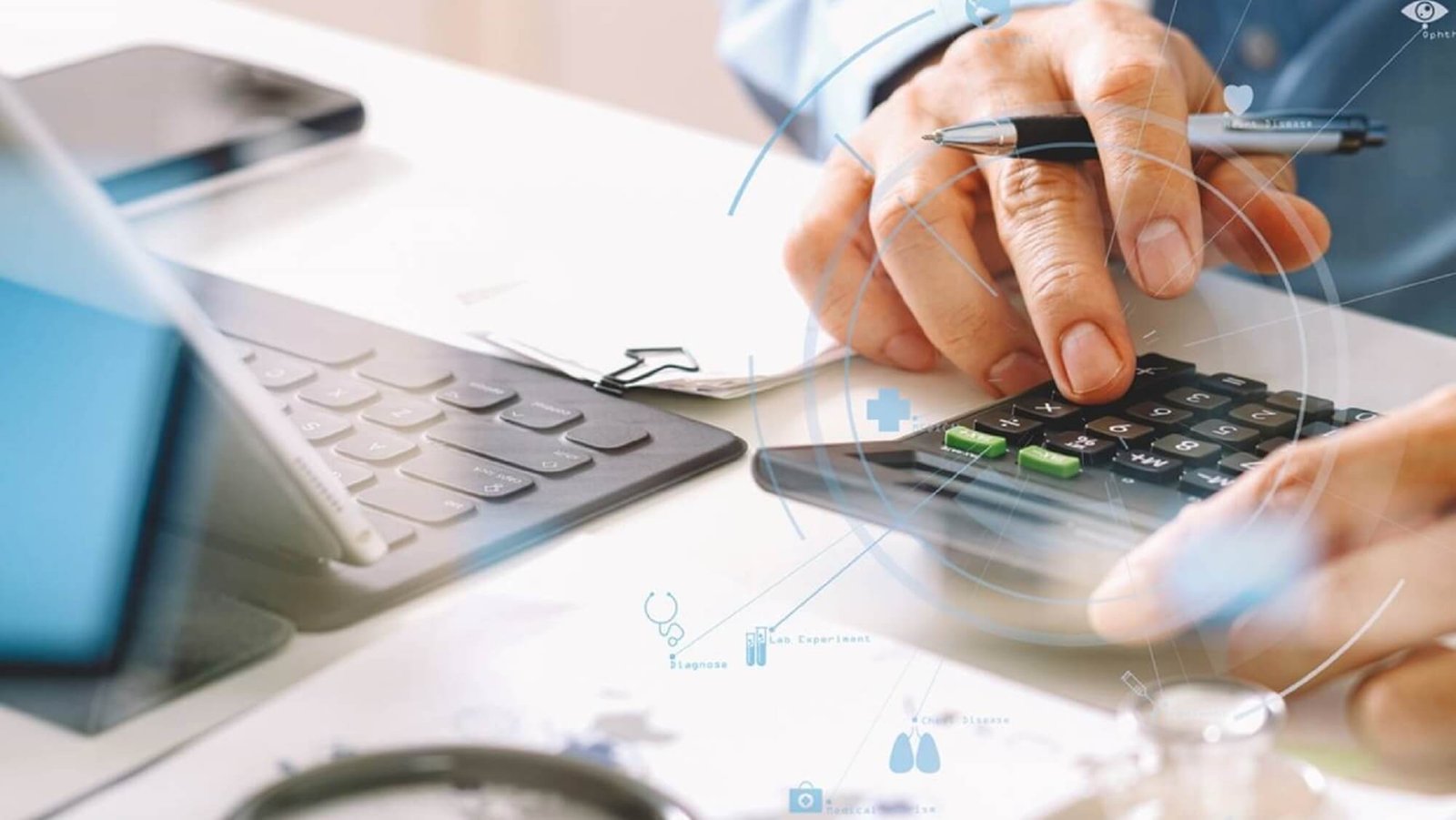 A person using a calculator to calculate project cost