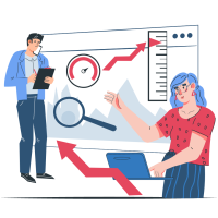 man and woman presenting in front of a white board with graphs and arrows